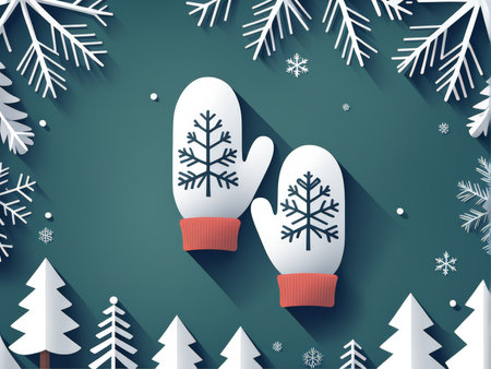 Charming Winter Essentials Stylish White Gloves with Red Cuff Decorated in Snowflakes on a Holiday Backdropの素材