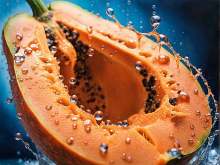Fresh Papaya Pulp Orange Coloration Surrounding Water-Droplet-Covered Cut Fruitの素材