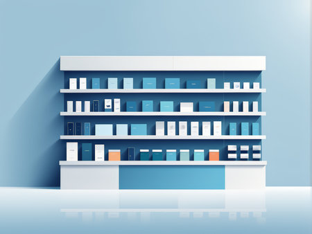Organized Chaos A Neatly Arranged Shelf Displaying Product Boxes in Blue Background with White Highlightsの素材