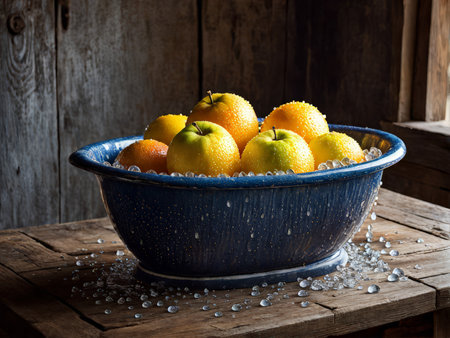Orchard Delight An Exotic Fruit Bowl in a Vibrant Brown Backgroundの素材