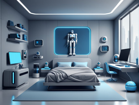 Intelligent Oasis A Futuristic Bedroom Featuring Robots and Glowing Gadgets in Blue-Grey Color Paletteの素材