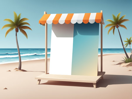 Relaxation at Playful Beach A Calm Scene with Empty Lifeguard Stand and Coastal Elementsの素材