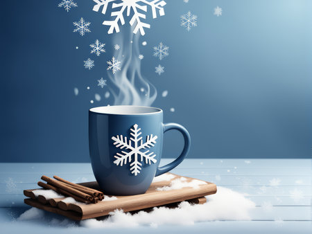 Snowflakes Fall as Blue Mug Wears Winter Wonderland Cinnamon Scented Display Captures Tranquil Beautyの素材
