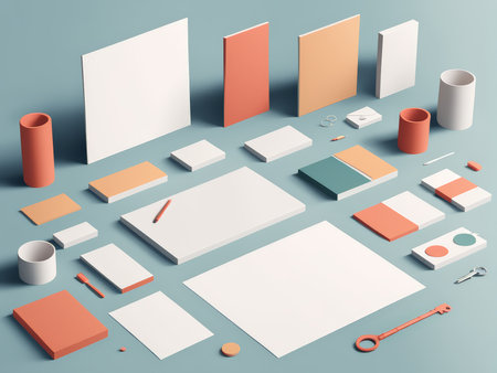 Enchanting Brand Stationery Display A Harmonious Fusion of White and Red-Orange in Blue-Grey Pastelsの素材