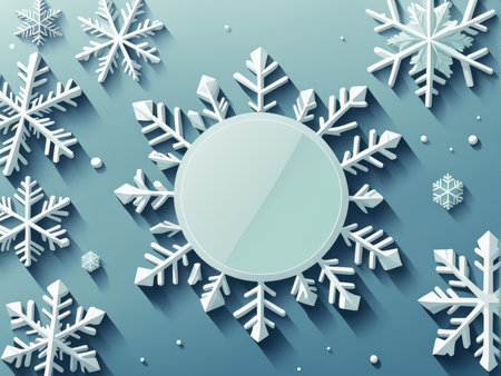 Seasonal Evoke A Digital Illustration Featuring Multiple Snowflakes of Different Sizes Against a Pale Blue Background with Shadows - Ideal for Winter Themes and Seasonal Greetingsの素材