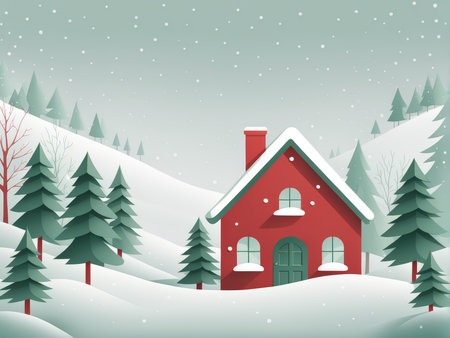 Softly Colored Winter Serenity A Red House Among Snowy Treesの素材