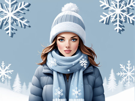 Snowy Winter Wonderland A Digital Vector Illustration of a Woman in Cold-Weather Clothing Amidst Decadent Blue Trees and Floating Fluffy Snowflakesの素材