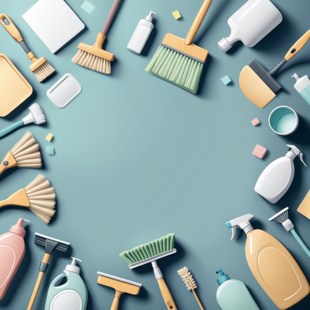 Multifunctional Cleaning Essentials An Attractive Pastel Blue Background Showcase of Floor Cleaners, Glass Cleaners, Dishwashing Liquid, Sponges, and Brushesの素材