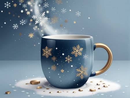 Chilling Winter Wonderland A Cup of Steamy Hot Beverage Under a Glowing Blue Sky with Snowflakes and Misting Vaporの素材