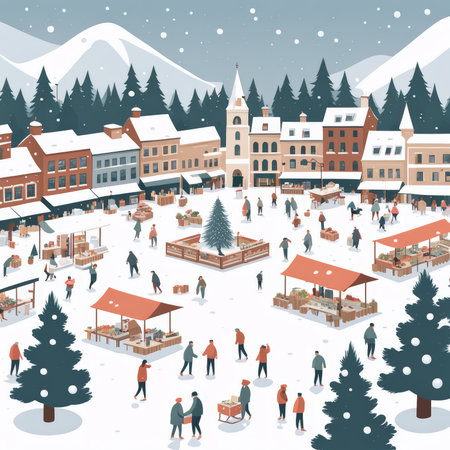 Vibrant Winter Market Illustration A Snow-Covered Village Daily Life Art Print Capturing Community Activity and Tranquilityの素材