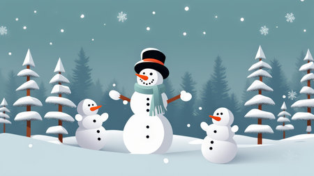 Snowy Wonderland Captivating Three-Headed Snowmen Adorned with Carrot Noses and Scarves amidst a World Covered in Winter Whitenessの素材