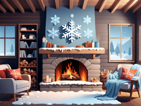 Cozy Winter Living Room Firelight, Snowflakes, and Warmth Insideの素材