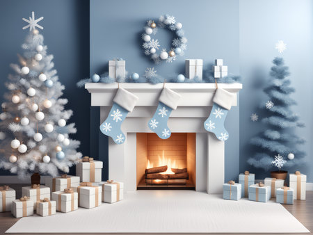 Cozy Holiday Living Room Scene Two Christmas Trees, Stockings, and Presents in a Warm Winter Ambianceの素材