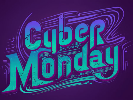 Electrifying Cyber Monday Illustration Bold Typography Meets Intricate Circuitry in Vibrant Neon Blueの素材