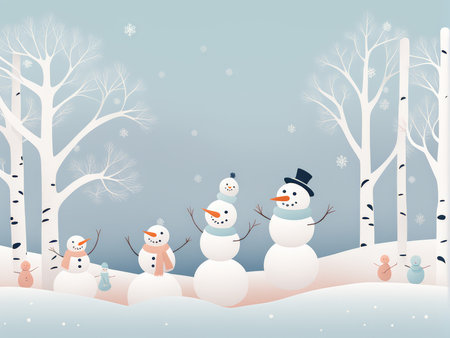Seasonal Charm A Vibrant Snowscape Featuring Intricate Snowmen Adorned with Delightful Accessories in a Cool Color Paletteの素材