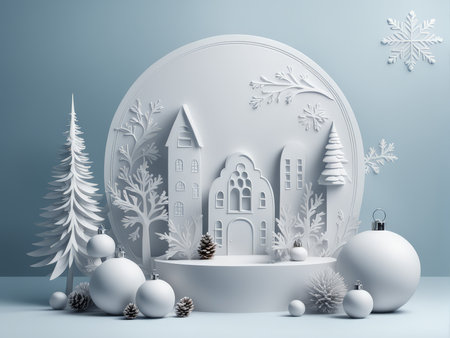 Charming Winter Wonderland A Paper-Cut Outfitted Holiday Display Featuring Intricate Buildings, Trees, and Ornamented Scenesの素材