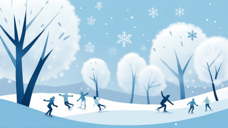 Snowy Slope Adventure A Winter Wonderland Illustration Featuring Snowboarders and Glittering Treesの素材