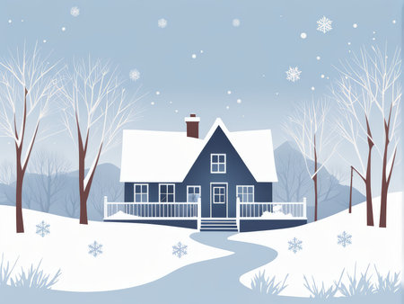 Snow-Covered Tranquility A Winter Landscape Featuring a House, Trees, and Snowflakesの素材