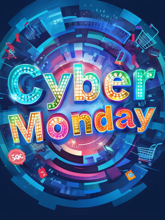 Neon Neon Lights Over Cyber Monday Iconography Vibrant Typography Dominates Dark Background as Icons Represent Shopping Promotionsの素材