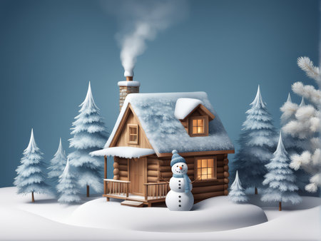 Charming Winter Wonderland A Cozy Cabin Tranquil Snowscape in Cool-Toned Blue Decorationsの素材