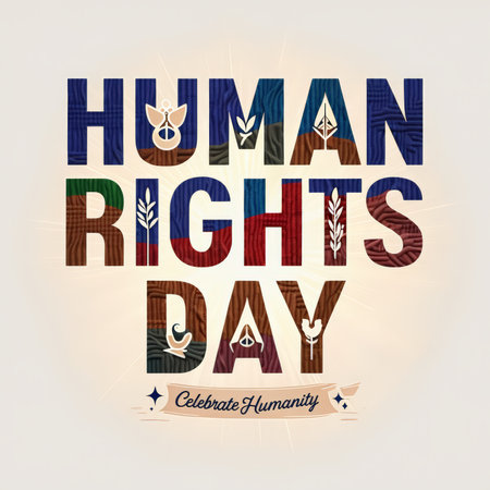 Vibrant Typography Wood Grain Textures, Fabric Patterns, and Embroidery Stitches Celebrate Human Rights on International Human Rights Day - Banner Emphasizes Universal Valuesの素材