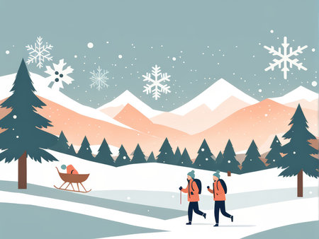 Snowy Winter Hike Two Adventurers Descend into Nature Wonderland, Sleding Through Crystals of Winter Fluffの素材