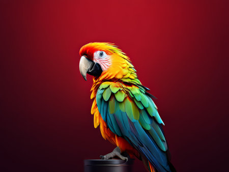 Close-Up Colorful Bird Perched atop Red Background - Vibrant Image Capturing Nature Beautyの素材