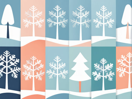 Chilled Tranquility A Winter Wonderland Illustration Featuring Muted Colors, Snowflakes, Trees, and Mountainsの素材