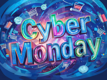 Joyful Cyber Monday Illustration Vibrant Colors, Shopping Carts Float Over Text Promoting Online Sales & Holiday Discountsの素材