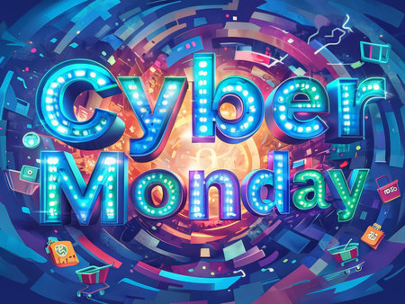 Thriving Digital Fusion A Vibrant Cyber Monday Illustration Featuring Engaging Icons and Geometric Patterns Against a Dynamic Color Paletteの素材