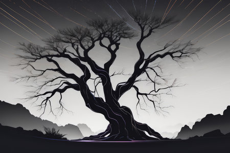 Enchanting Night Sky A Majestic Tree Silhouette Against Starry Canvas with Shooting Stars and Lightning Strikesの素材
