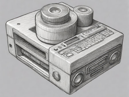 Vintage Vibes An Intricate Pencil Sketch of a Timeless Old-Fashioned Portable Cassette Player Featuring Built-In Radio Receiverの素材