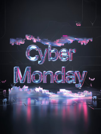 Blazing Neon Blue 'Cyber Monday' Graphic Techno-Pink Digital Shards & Tech Icons Against Dark Backdrop - Futuristic Promotional Design for Technology Events or Sales Campaignsの素材