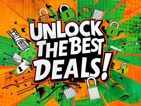 Unleash Your Savings Potential A Vibrant Cartoon Promo Graphic Featuring Iconic Unlocking Elements and Deal-Inspired Iconsの素材