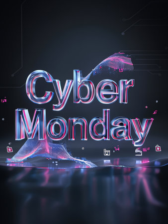 Shimmering Digital Dreams A Futuristic Cyber Monday Ad Featuring Abstract Waves and Circuit Linesの素材