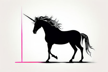 Unicorn Enigmatic Majesty A Black Silhouette Against a White Background Featuring Flowing Mane and Pink Lines Symbolizing Uniquenessの素材