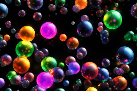 Digital Art Marvel Glowing Rainbow Sphere Illustration Depicting Soap Bubbles on Black Backgroundの素材