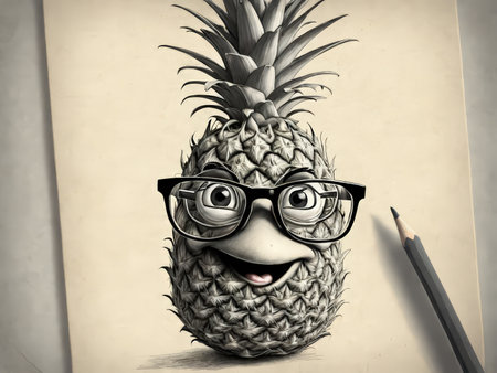Enigmatic Pineapple Visionaries A Humorous Pencil Sketch Portraying a Fruit With Glassesの素材