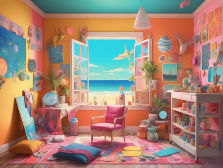 Colorful Studio Oasis A Vibrant Artist Haven with Ocean Views, Artwork, and Personal Touchesの素材