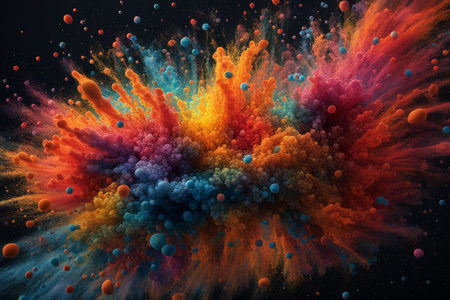 Dynamic Vibrancy A Colorful Abstract Splash Against a Dark Background - Capturing Movement and Excitement Through Vibrant Spheres and Shades of Orange, Red, Blue, Yellow, Pink, Purの素材