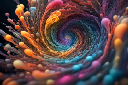 Dynamic Liquid Vortex Animation A Colorful Journey of Yellow, Red, and Orange Particles Spiraling into a Seamless Loopの素材