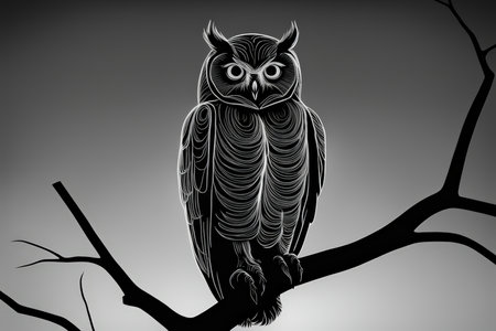 Eerie Halloween Owl Perched on Bare Branch - Dark Tones and Spooky Design Elementsの素材