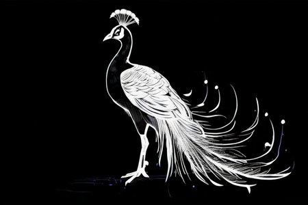 Peacock Graceful Flight Against a Dark Background A Masterpiece of Artistic Ornamentationの素材