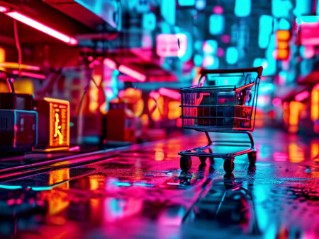 Neon Neon Vivid Hues Reflecting Urban Wet Street Shopping Cart at Nightの素材