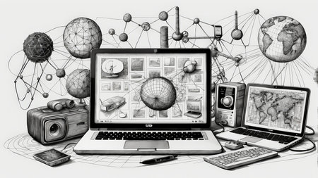 Advanced Connectivity A Futuristic Monochrome Illustration of Integrated Technology Devices Representing Global Collaboration and Researchの素材