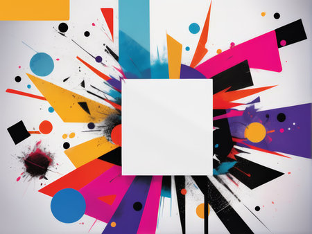 Expanding Colorful Geometric Splendor A Vibrant Digital Artwork Featuring Overlapping Triangles, Rectangles, Circles, and Textured Splatting on White Backgroundの素材