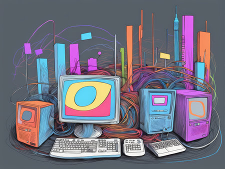 Vibrant Digital Urban Canvas A Colorful Collection of Vintage Computers and Technology Interwoven into an Artistic Gradient Backgroundの素材