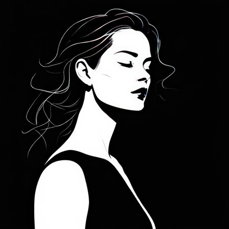 Graceful Elegance A Black-and-White Portrait Illustration Capturing Silhouetted Beautyの素材