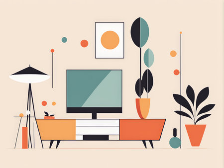 Mid-Century Modern Minimalism A Vibrant Living Room Illustration Featuring Sleek Furniture, Natural Elements, and Harmonious Color Paletteの素材