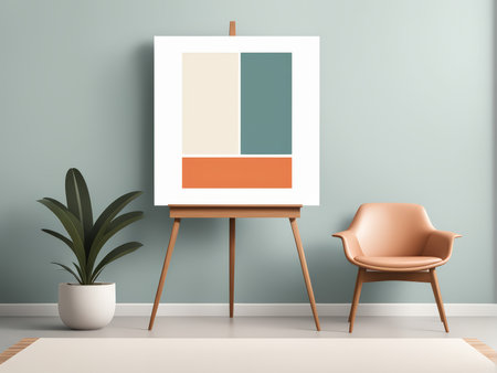 Minimalist Modernism A Contemporary Room Artwork Depicting Beige, Greenish-Blue, and Orange Rectanglesの素材